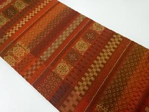 リサイクル　横段に花唐草・変わり市松模様織出し全通袋帯